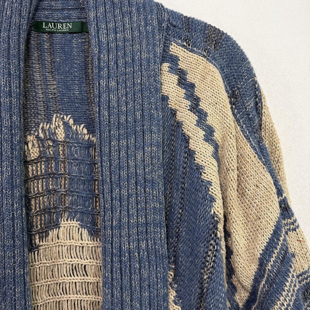 Lauren Ralph Lauren Poncho Cardigan Women L Blue Beige Wool Linen Southwestern - Picture 15 of 15